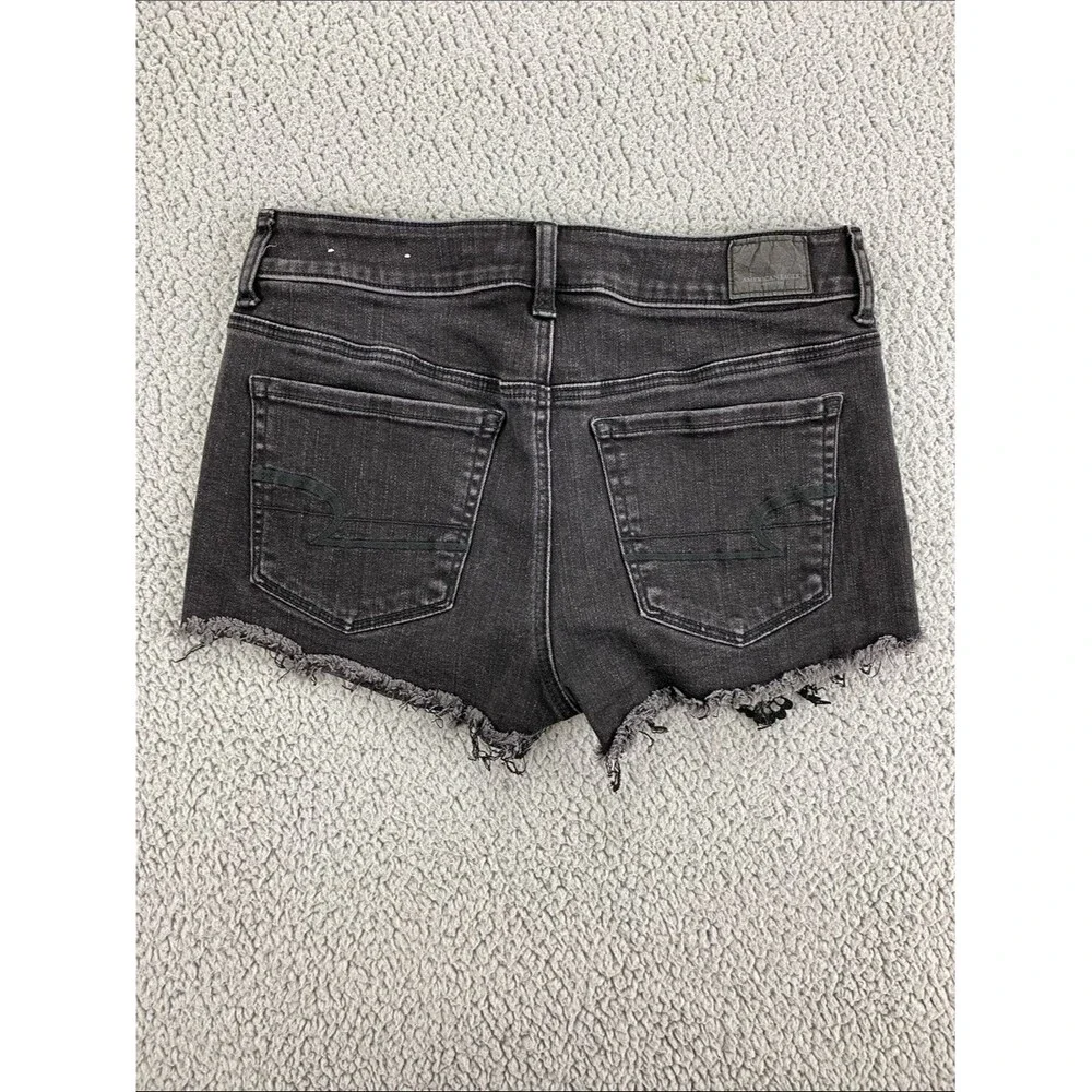 American Eagle Hi-Rise Shortie Black Lace Applique Denim Shorts Stretch   Size 8